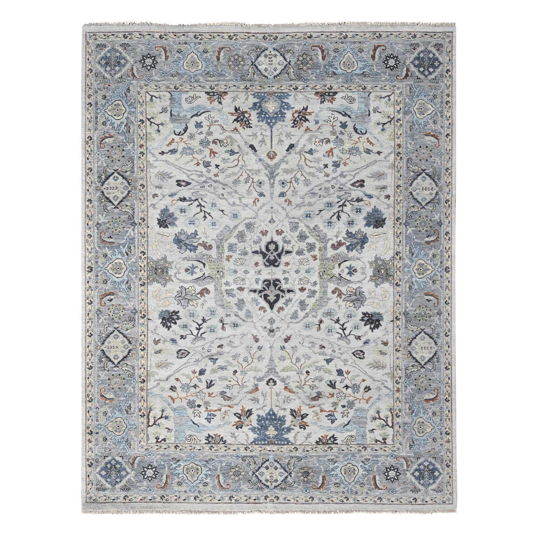 Bone White, Hand Knotted, Soft Pile, Denser Weave, Oushak with Floral Motifs, Pure Wool, Oriental Rug